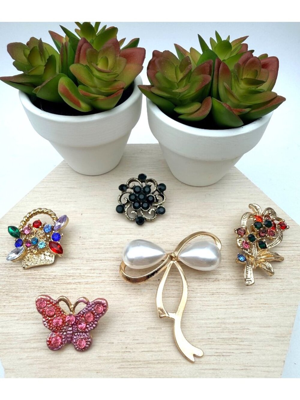 Rhinestone Brooch Pin Set Butterfly Bow Floral Basket Designs Metal Faux Pearl
